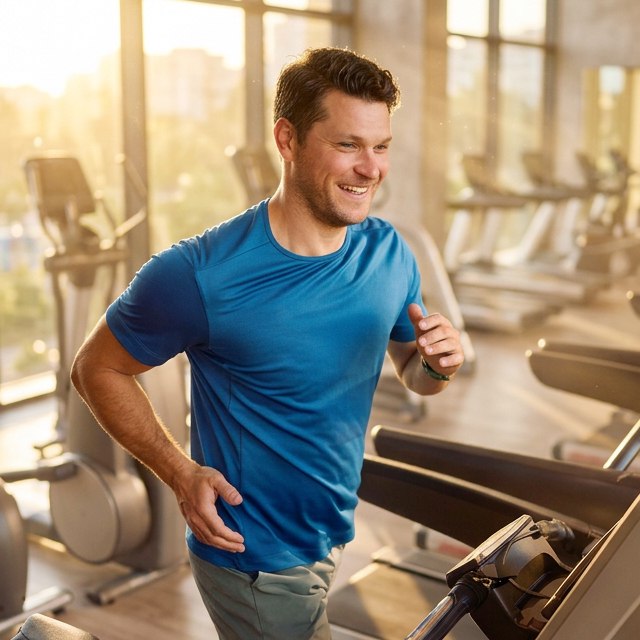Man in a blue shirt jogging on a treadmill at a sunlit gym.