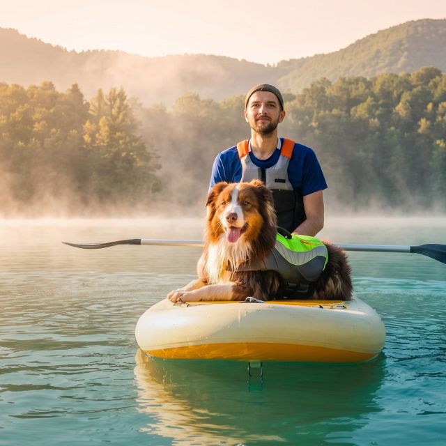 A man and a dog paddleboard on a serene lake at sunrise, surrounded by misty hills.