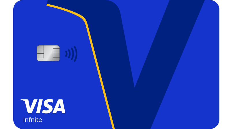 Blue Visa Infinite card design featuring a large dark blue "V" against a lighter blue background. A silver chip and contactless symbol are on the left.