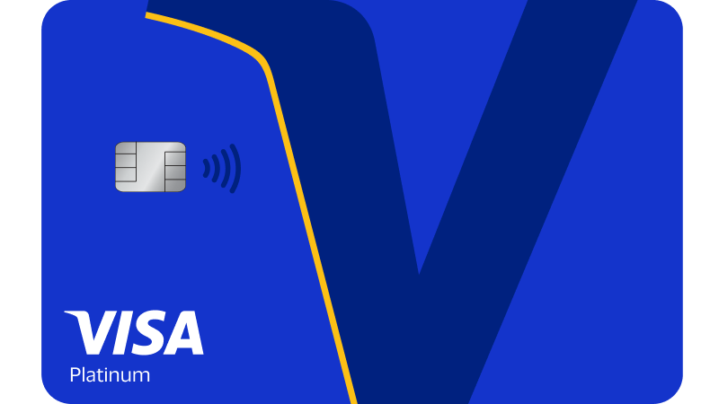 Blue Visa Platinum card design featuring a large dark blue "V" against a lighter blue background. A silver chip and contactless symbol are on the left.