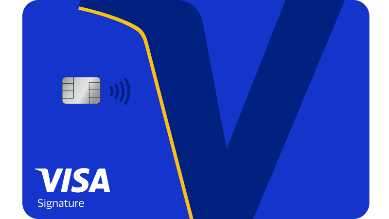 Blue Visa Signature card design featuring a large dark blue "V" against a lighter blue background. A silver chip and contactless symbol are on the left.
