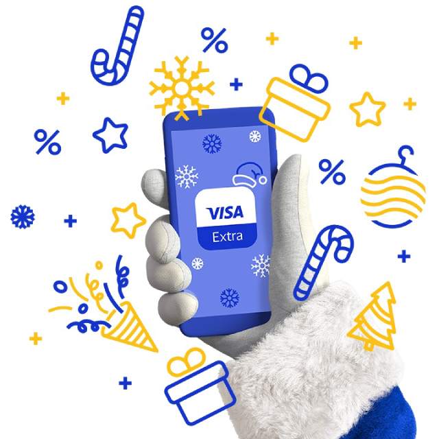 A hand holding a smartphone with the Visa Extra app on the screen