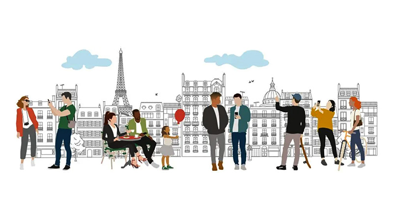 Illustration of diverse people interacting in front of Paris landmarks, including the Eiffel Tower, with buildings and clouds in the background.