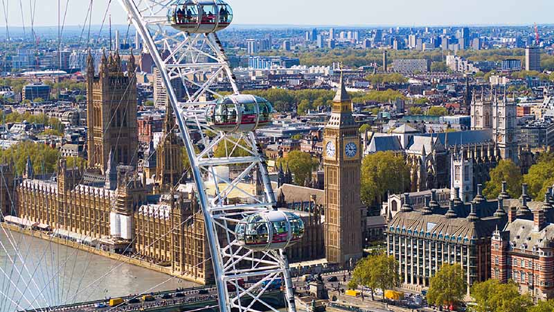 The London Eye is seen in the foreground with the Houses of Parliament and Big Ben in the background on a sunny day in London.